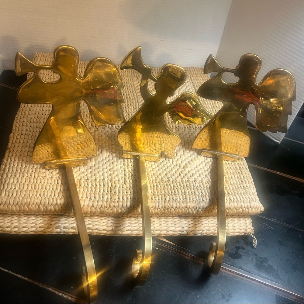 Vintage Brass Christmas Decor Angel Horns Stocking Holders